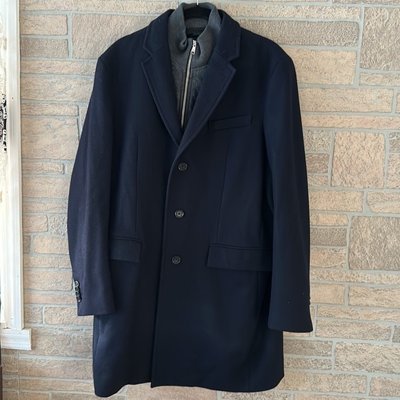 BANANA REPUBLIC Navy Blue TOP COAT Navy Blue ZIP BUTTON WOOL BLEND Large - Picture 2 of 15